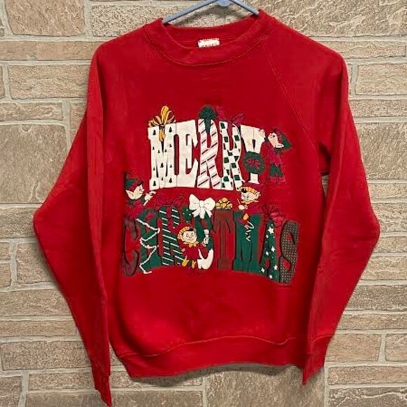 Vintage 80s Merry Christmas Ugly Xmas Sweater 1980s Red Crewneck Sweatshirt - Picture 1 of 3